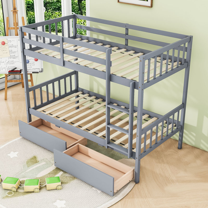 Lit superposé simple au-dessus de simple en bois avec tiroirs de rangement et échelle, gris