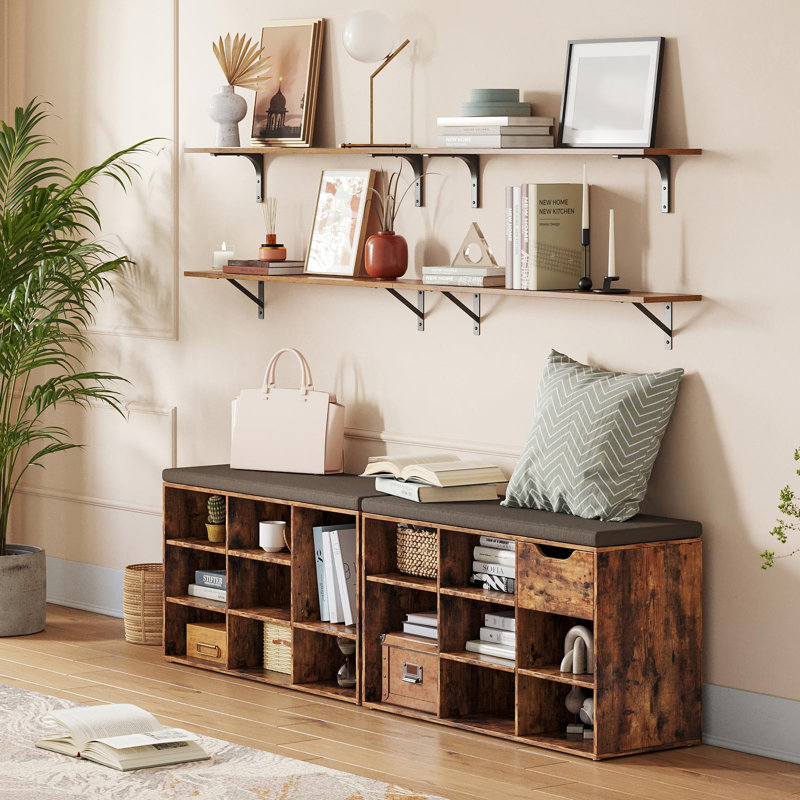 Set of 2 31.5" Long Wall Shelves with Metal Brackets, Rustic Brown