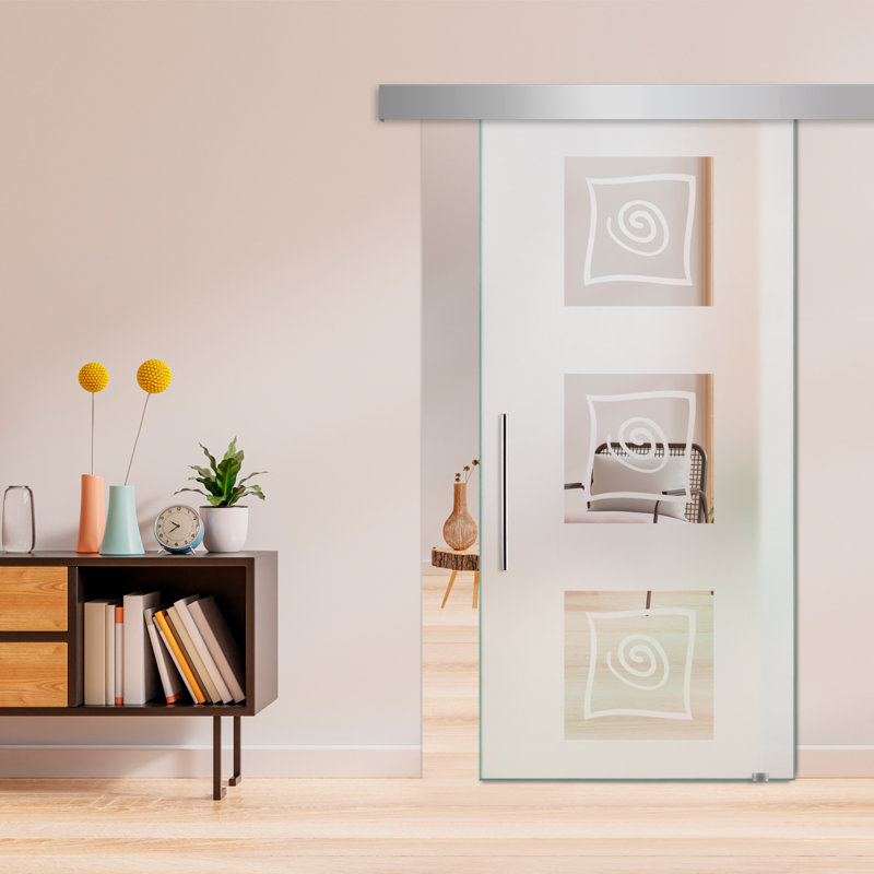 Porte de grange coulissante en verre sans cadre avec design moderne sablé et quincaillerie (semi-privée), 28 po x 84 po