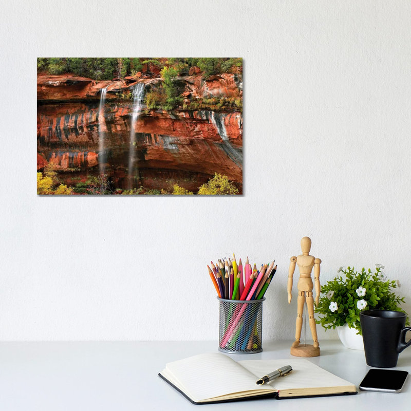 Cascades Tumbling 110 Feet At Emerald Pools, Note The Black Streaks Called Desert Varnish, Zion National Park, Utah I by Tim Fitzharris - Wrapped Canvas Print