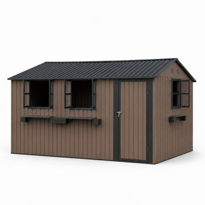 Remise de rangement extérieure en métal l 12 pi x P 10 pi avec 3 fenêtres, porte simple verrouillable et supports à fleurs