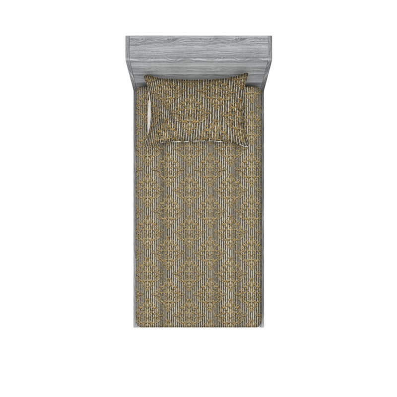 Ambesonne Fitted Sheet & Shams, Mustard/Dark Gray Floral, Twin XL Sheet Set with 1 Pillowcase