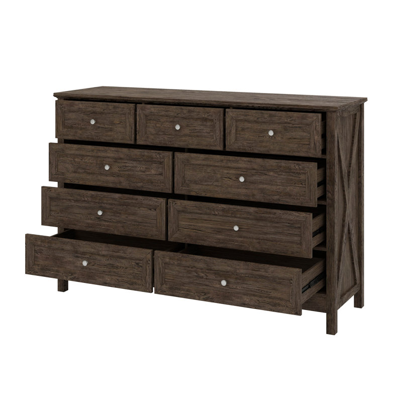 Commode pour chambre à coucher avec 9 tiroirs, commode à grand tiroir avec station de charge, commode large, Brun