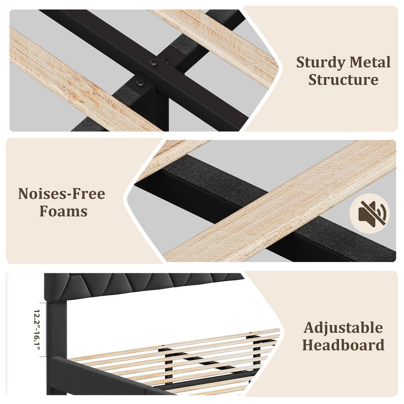 Structure de lit très grand avec tête de lit rembourrée et support en lattes de bois, base de plateforme grise - aucun sommier requis, assemblage rapide