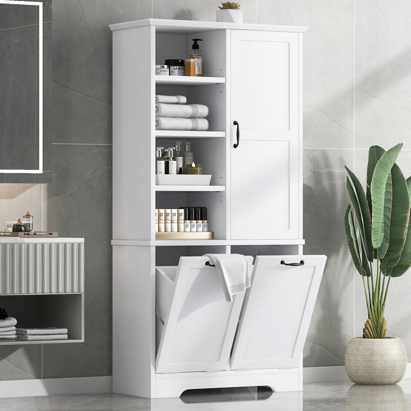 Bathroom Storage Cabinet With Doors And Drawers, Tilt-Out Laundry Hamper, Multiple Storage Space, Freestanding Style, Open Shelve, Adjustable Shelf