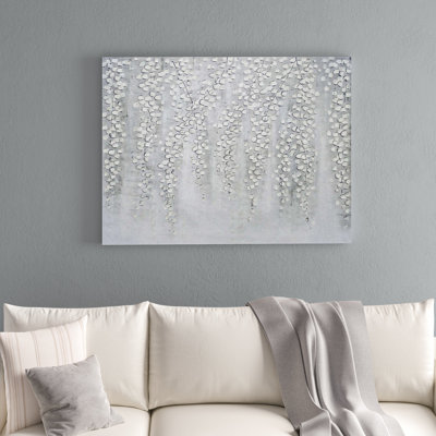"Whispering Breeze" White Floral Abstract Wrapped Canvas Wall Art Print