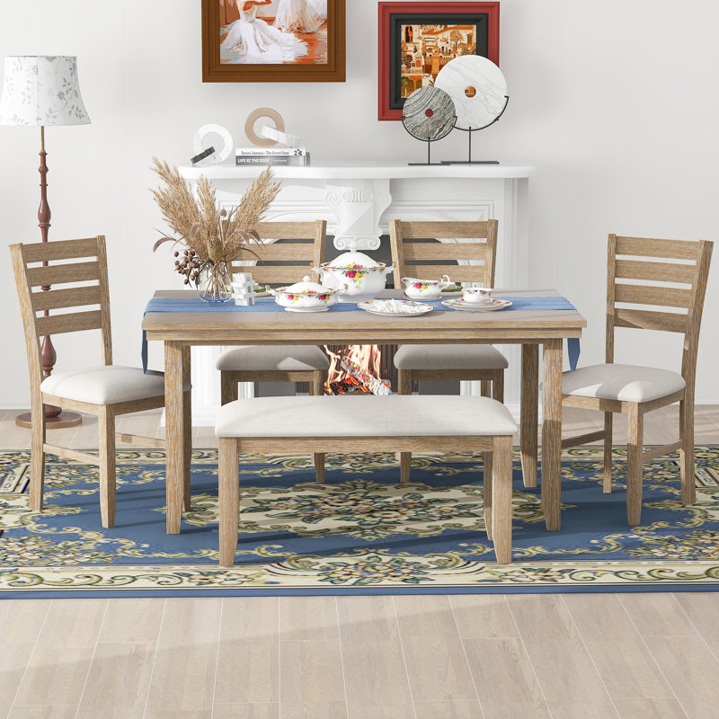 Table et chaises de salle à manger avec banc, ensemble de salle à manger en bois rustique, ensemble de 6 (ensemble de salle à manger)
