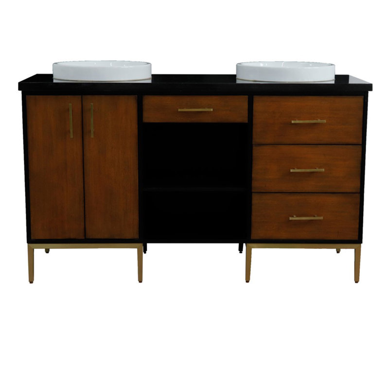 61'' Double Bathroom Vanity with Granite Top, Black