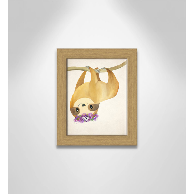 Floral Sloth Animals, 12" H x 10" W x 0.63" D, Oak Flat Framed
