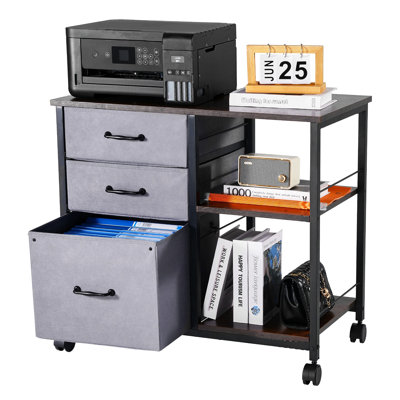 Mobile Metal File Cabinet With 3 Fabric Drawers And 2 Open Shelves