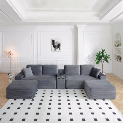 Canapé modulaire de 125 po avec deux repose-pieds, canapé Cloud avec siège profond, canapé en L avec porte-gobelets et ports USB, canapé rembourré en velours côtelé pour le salon, gris