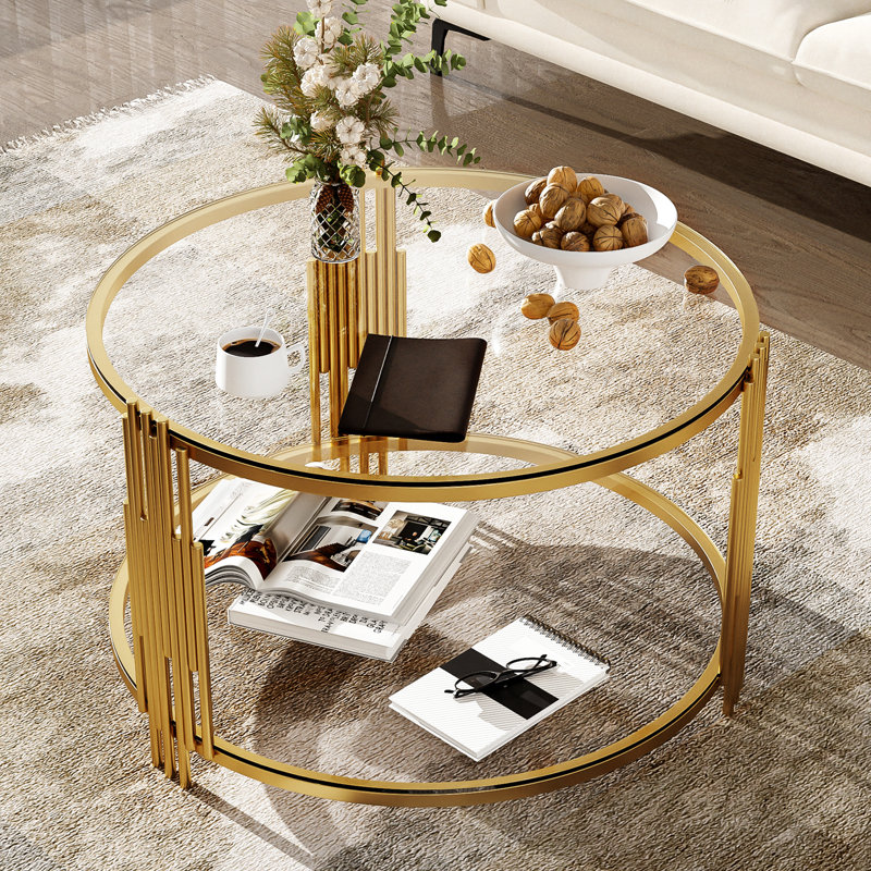 Table basse ronde en verre avec structure en métal et tablette ouverte, Transparent