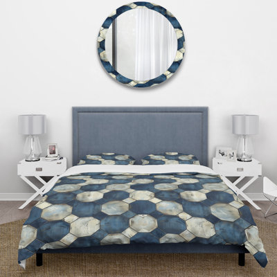Ensemble de housse de couette Blue Beige Midcentury Hexagon Print I - Midcentury