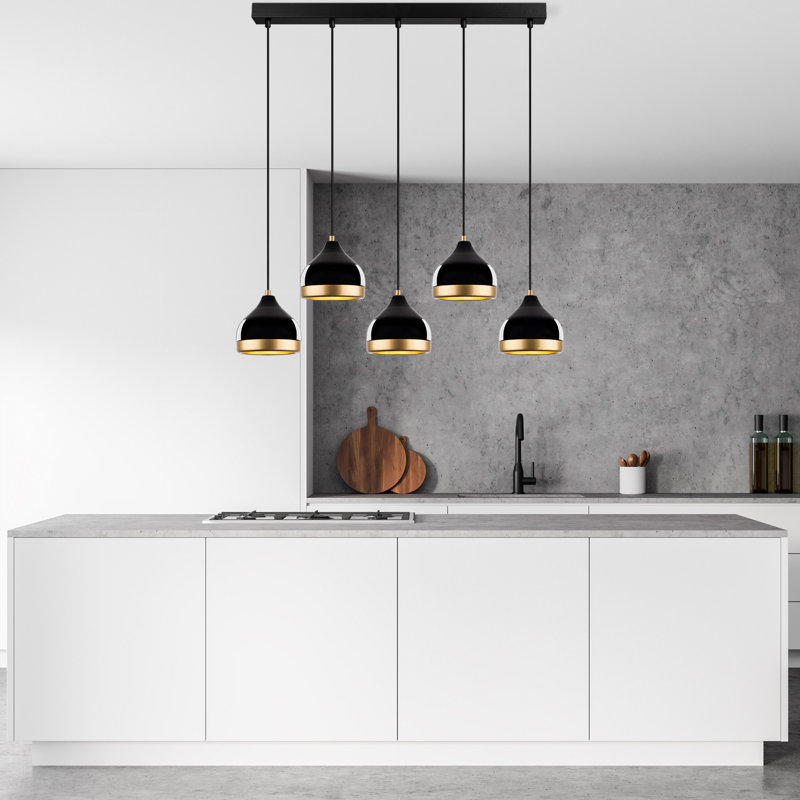 Lustre élégant en métal noir, hauteur réglable 25 - 43,7 pouces | 5 x douilles E27 Max 40W, plaque de base 30,7 x 2,4 x 1,6 pouces | Parfait pour la salle à manger et les espaces de vie, design élégant et moderne