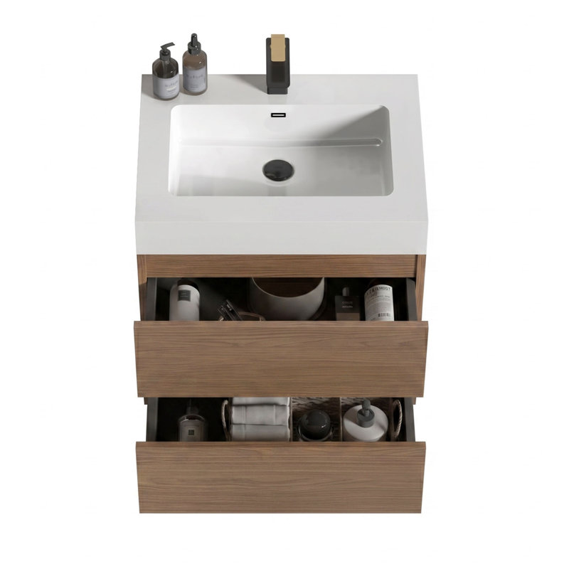 Meuble-lavabo mural simple avec comptoir en quartz et trop-plein, Brown Walnut, 24", Blanc