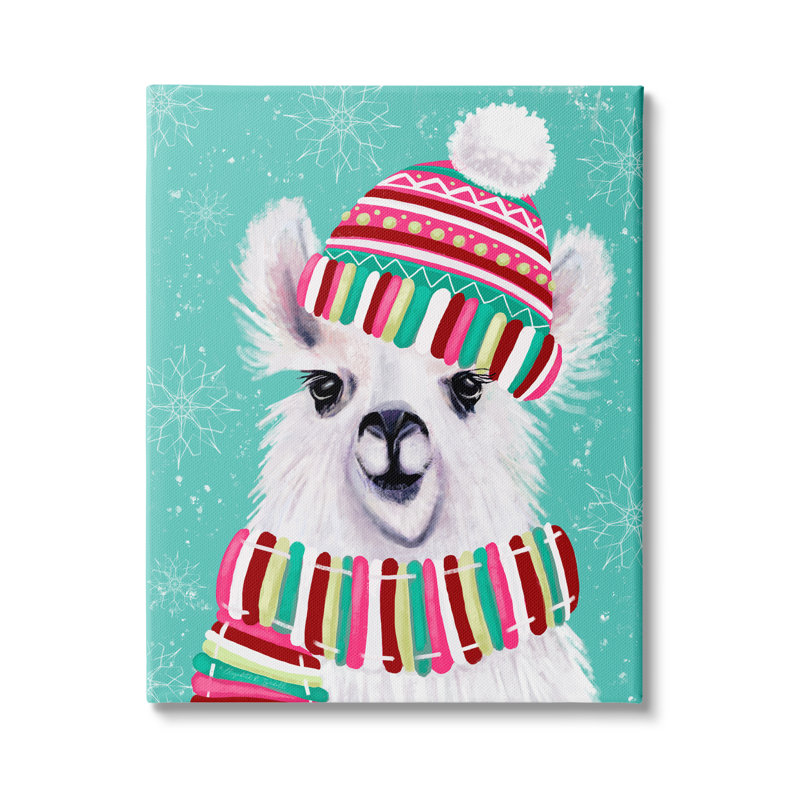 Chapeau écharpe festif d'hiver en forme de lama par Elizabeth Tyndall - Impression sur toile, H 48 po x l 36 po, Toile tendue