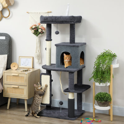 Arbre à chat 52 po avec poteaux à griffer, lit pour chat, condo, gris foncé