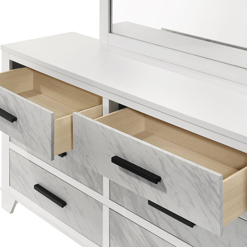 1pc Dresser Only Faux Marble Inset Black Bar Pulls Metal Center Glide Bedroom Engineered Wood English Dovetail