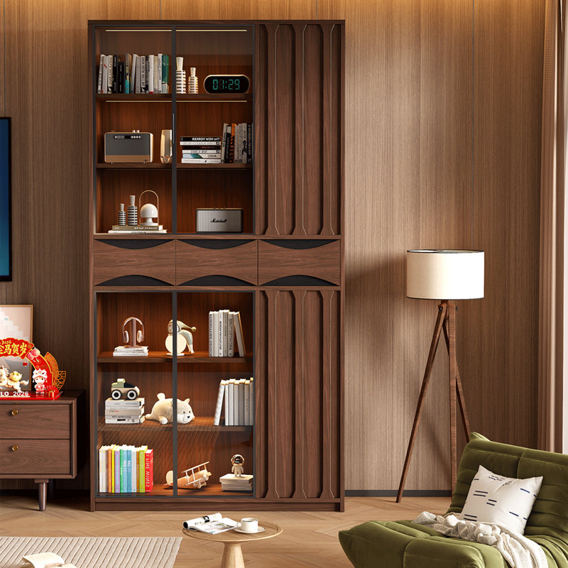 Bibliothèque sur pied moderne et minimaliste de 47,24 pouces, en bois à grain vertical, avec portes en verre et bandes lumineuses DEL