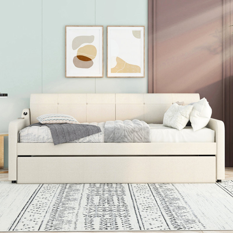 Twin Size Daybed With Trundle And Socket - Cozy Beige Upholstered Removable Plug