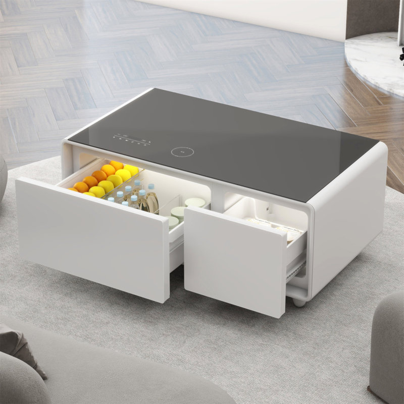 Table basse 93L avec réfrigérateur congélateur, charge multiple et haut-parleur Bluetooth, Blanc