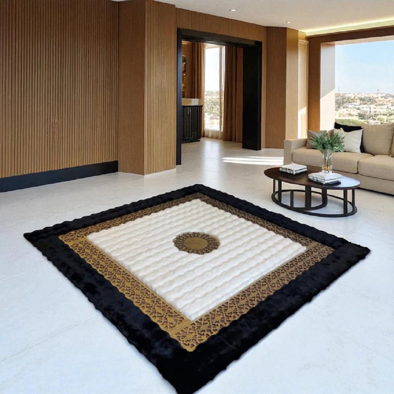 Tapis luxueux luxueux avec bordure noire - Tapis doré à motif de salon, chambre à coucher, Rectangle 6 pi x 9 pi