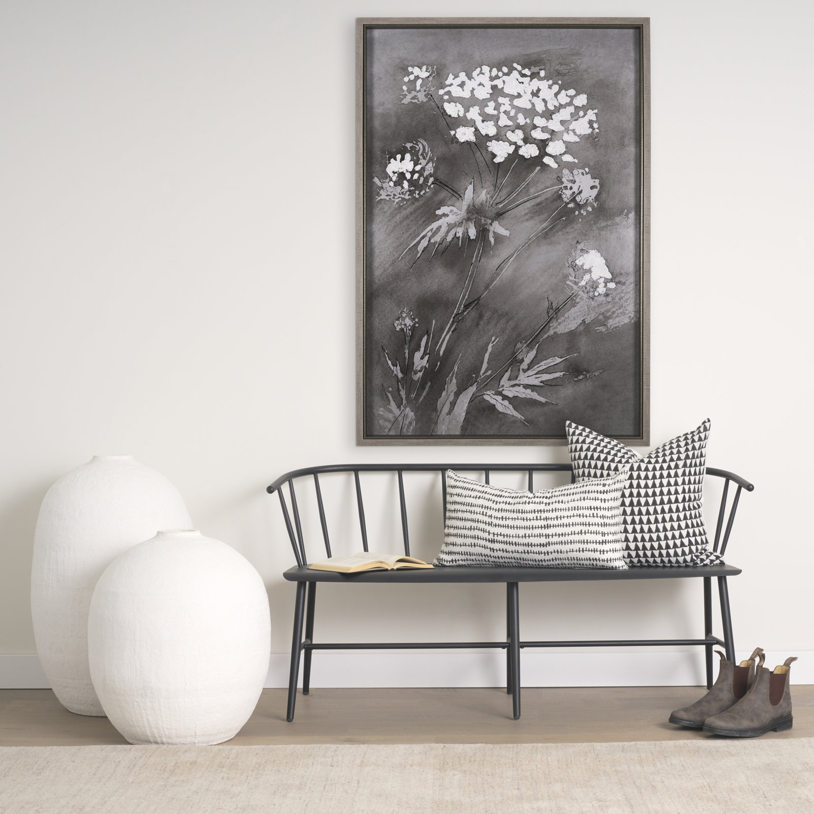 Wildflowers I Charcoal Hand-Embellished Print, 62" H x 42" W, Wildflowers II Charcoal, Gray