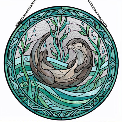 Otter Design Stained Glass Window Panel，12"H