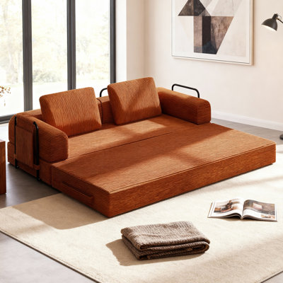 Convertible Sleeper Sofa Bed With Cylindrical Pillow - Corduroy Folding Mattress Couch With Fixed-Shape Frame For Living Room, Bedroom, Lounge