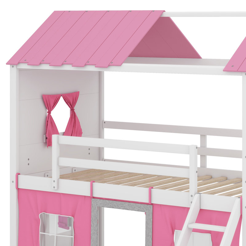 Lit superposé Wood House avec élégantes fenêtres, rebords et tente, Rose/Blanc