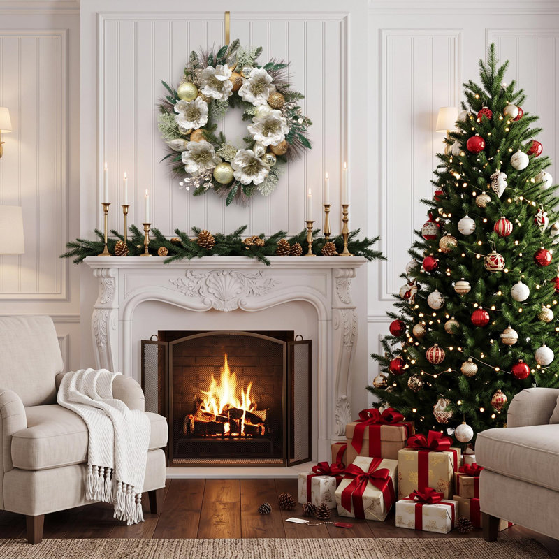 Couronne de Noël réaliste de 61 cm (24 pouces) en amaryllis avec lumières DEL et ornements électroplaqués