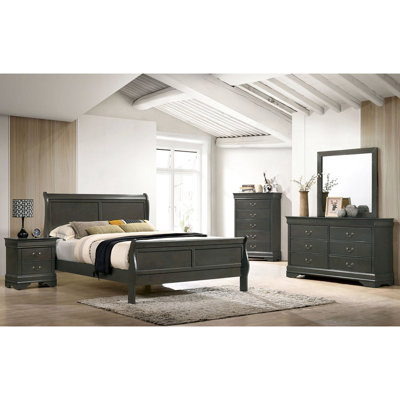 Grand lit gris pour chambre à coucher, conception en bois massif, pièce
