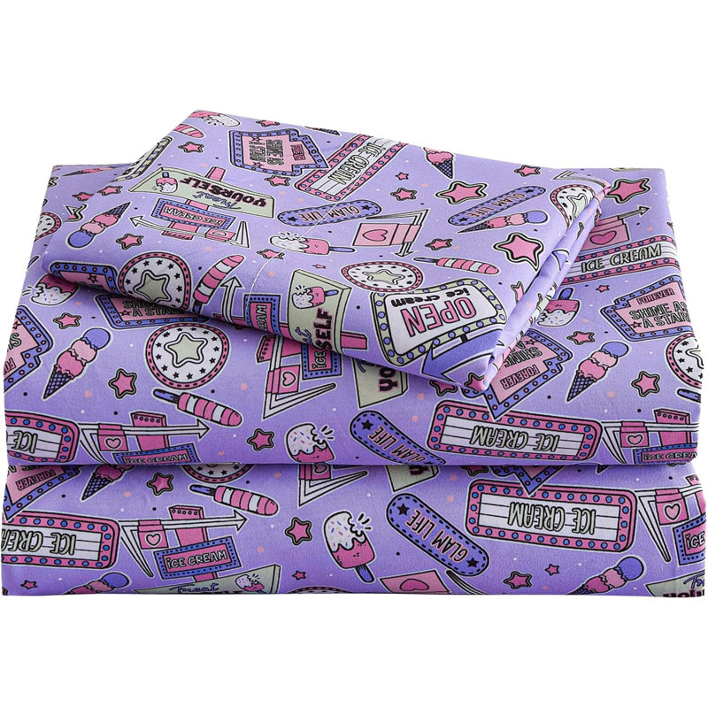 Ensemble de draps pour enfants, draps 4 pièces, drap-housse en microfibre avec poche profonde de 15 pouces et sangles de coin, imprimé Cool Girl