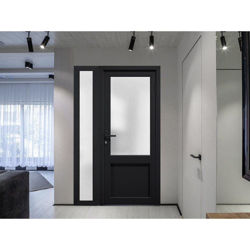 Façade extérieure pré-montée Fibre de verre porte givrée / Manux 8422 noir mat / fenêtre extérieure latérale / bureau Portes d'entrée commerciales et résidentielles Garage de garage - l 30 po x H 80 po - Gauche à l'intérieur