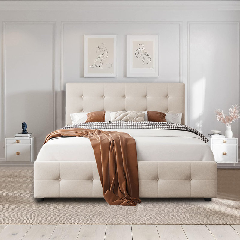 Eural Upholstered Platform Bed with Classic Headboard and 4 Drawers, No Box Spring Needed, Linen Fabric, Queen Size, Beige