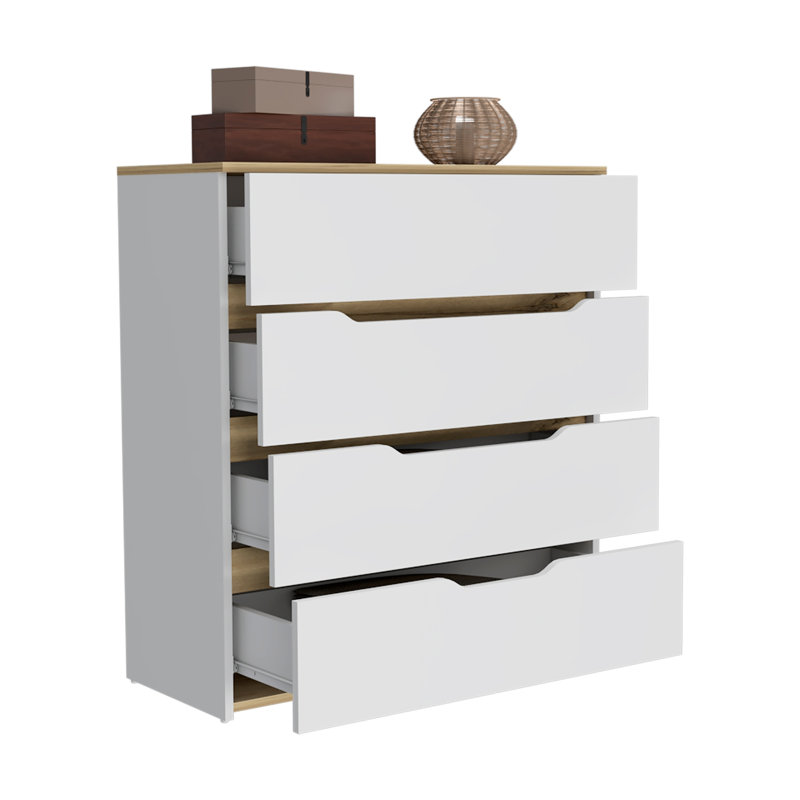 Commode hautbois, plateau supérieur, quatre tiroirs, Blanc / Chêne clair