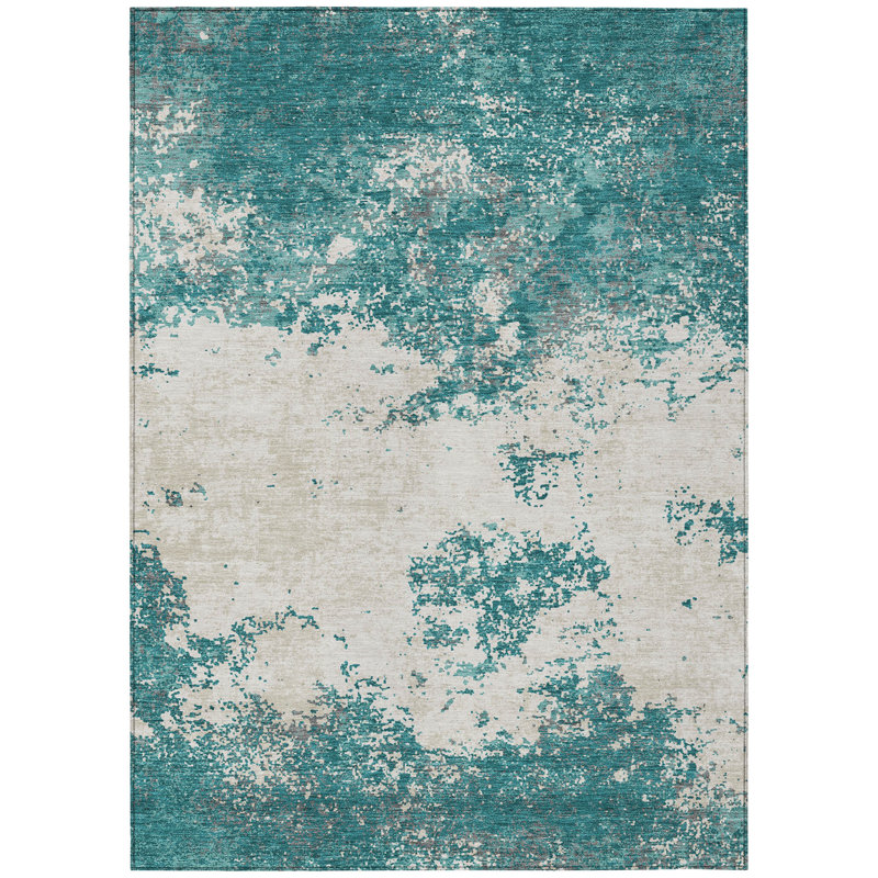 Tapis extérieur lavable abstrait bleu sarcelle ivoire et gris 5 pi x 8 pi