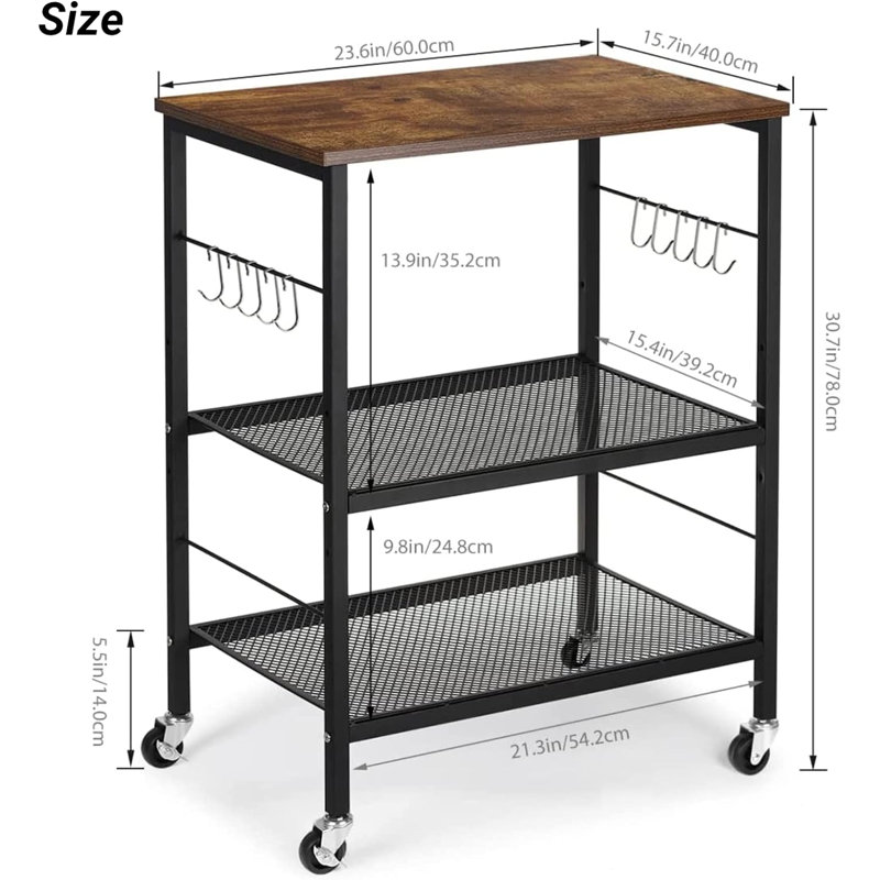 Étagère de rangement à 3 niveaux avec four à micro-ondes et chariot à café sur roulettes, brun