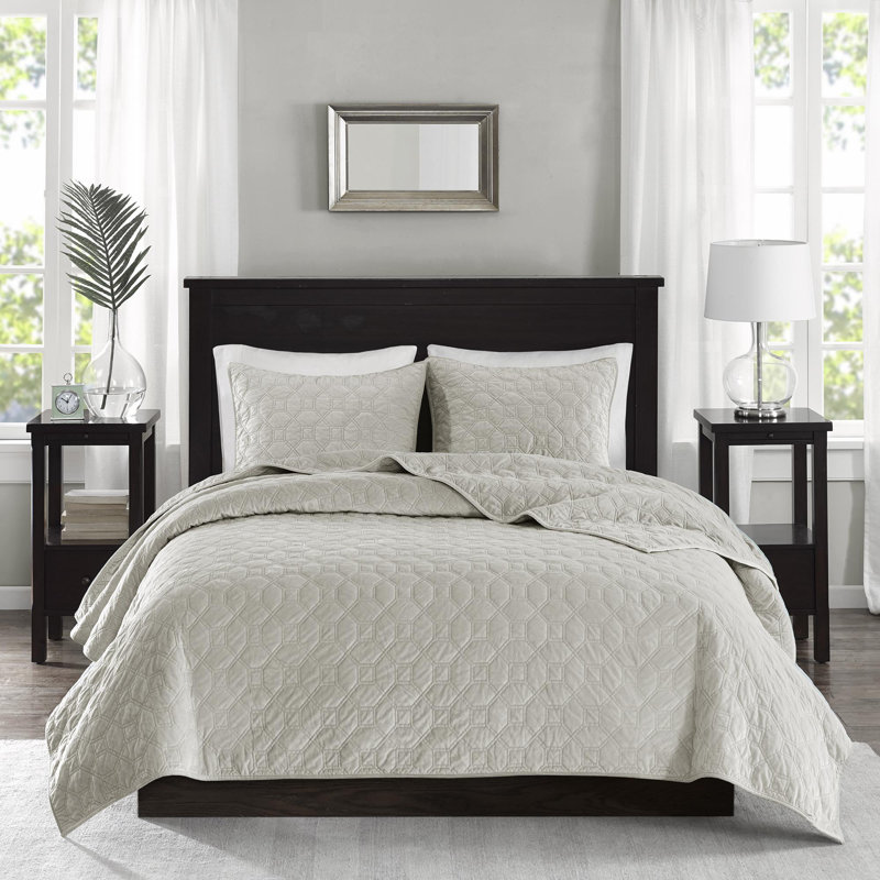 Ensemble de courtepointe en velours 3 pièces, King Quilt + 2 Standard Shams, Ivoire ivoire