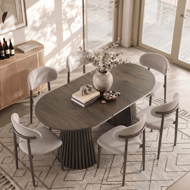 7-Piece Extendable Dining Table Set For 6, Oval Kitchen Table With Upholstered Chairs, Walnut