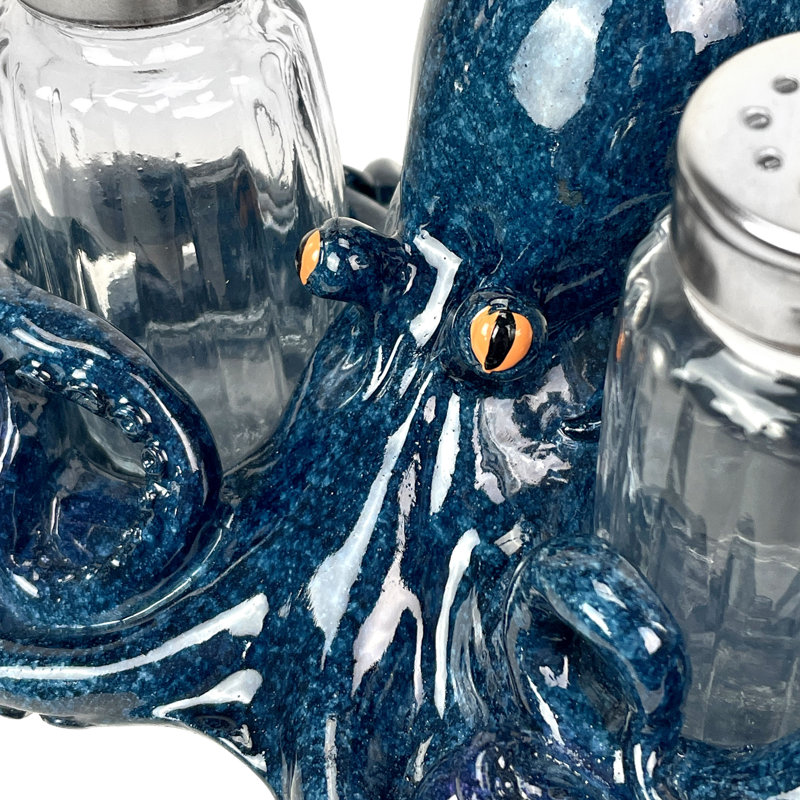Ensemble de salière et poivrière fantaisiste de pieuvre - Design nautique en résine avec verre - Décoration de cuisine côtière