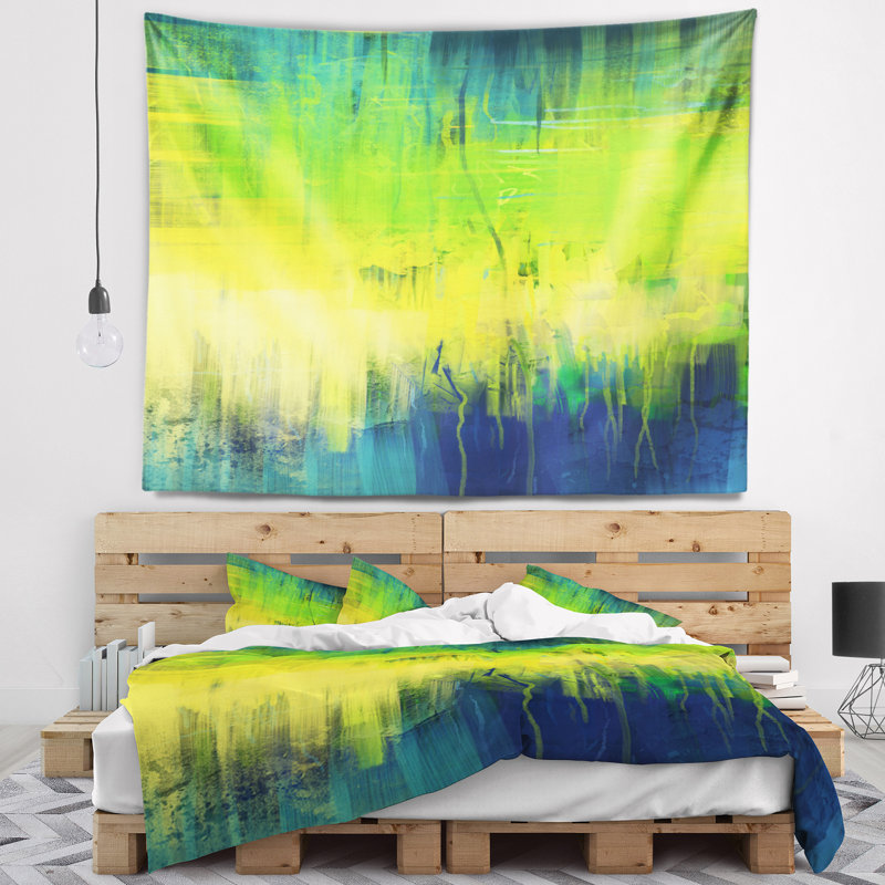 Tapisserie abstraite vert bleu de fusion, H 32 po x l 39 po