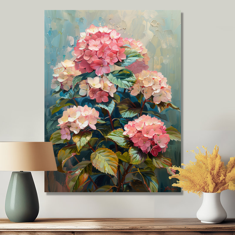 Hortensia rose et bleu qui fleurit en été IV - hydrangées, art mural, Sans cadre, métal, H 16 po x l 32 po