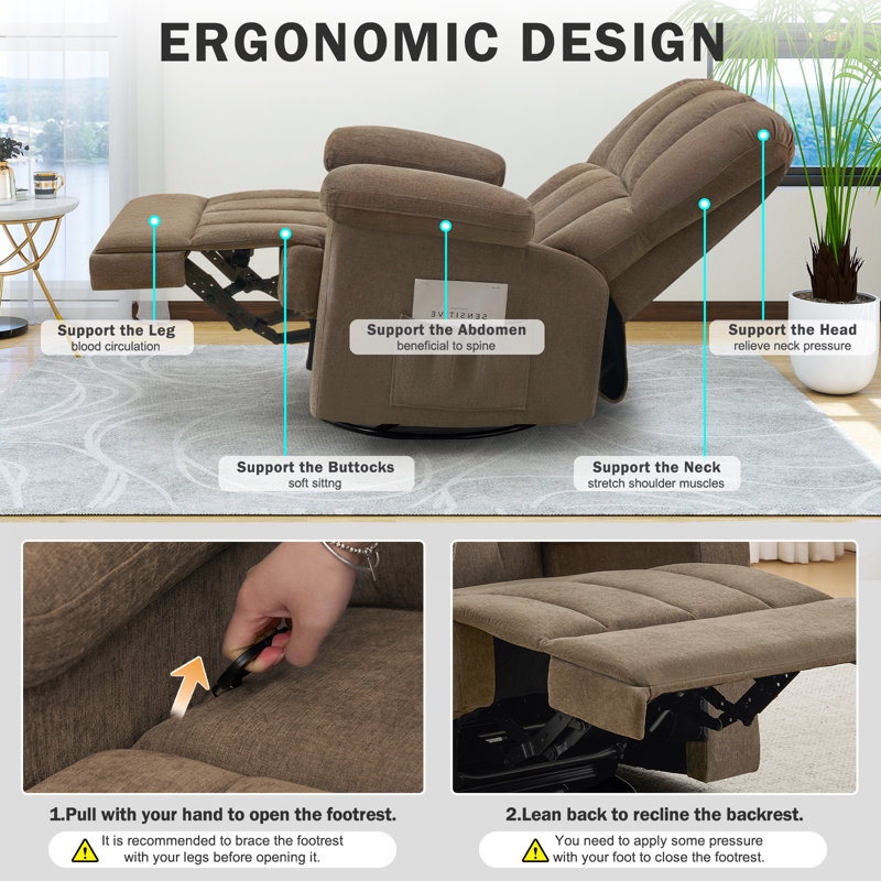 Fauteuil inclinable pivotant revêtu de tissu d'ameublement Begie, Chenille brun