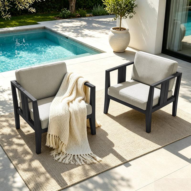 Junco Solid Wood Teak Outdoor Lounge Chair With Cushion And Arm, Light Camel, Black