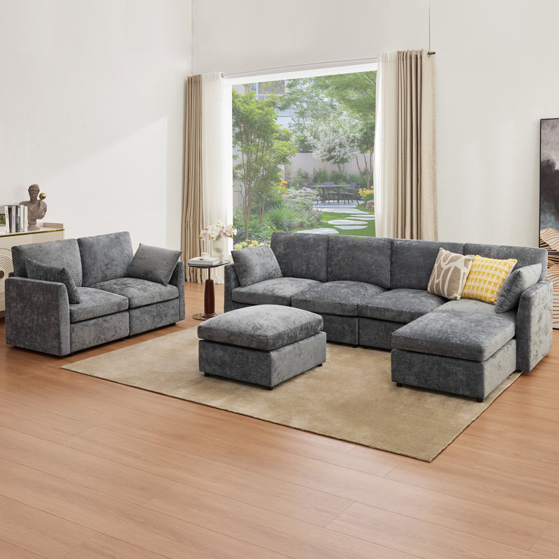 Sarang 110.2" Modern Upholstered Sectional Modular Sofa Bed With Ottomans, Gray Chenille