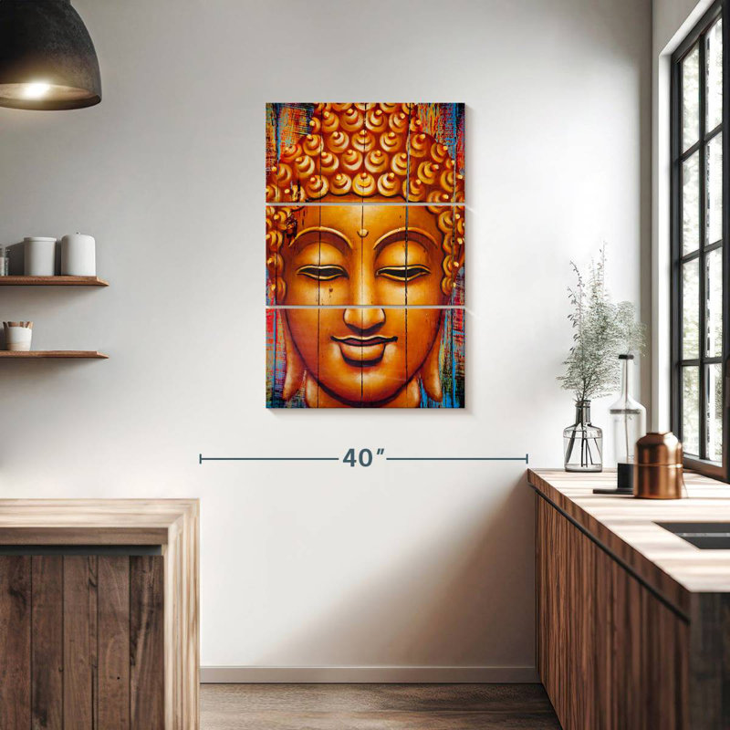 Leisha Buddha Face On Planks, 38" H x 24" W