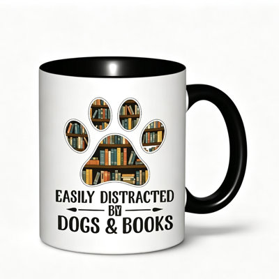 A Ceramic Coffee Mug Featuring a Dog And Book Design, Perfect for Holding Tea, Milk, Or Water.
