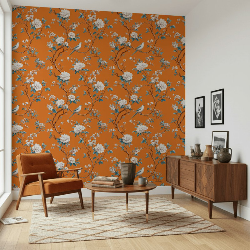 Papier peint floral, oiseau, décoration murale orange