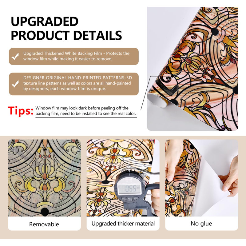Film de vitrail 3D, film d'intimité pour fenêtre décorative pour salle de bain, porte d'entrée, maison, contrôle de la chaleur bloquant le soleil, adhérence statique, ferronnerie dorée 17,5 po x 47,24 po